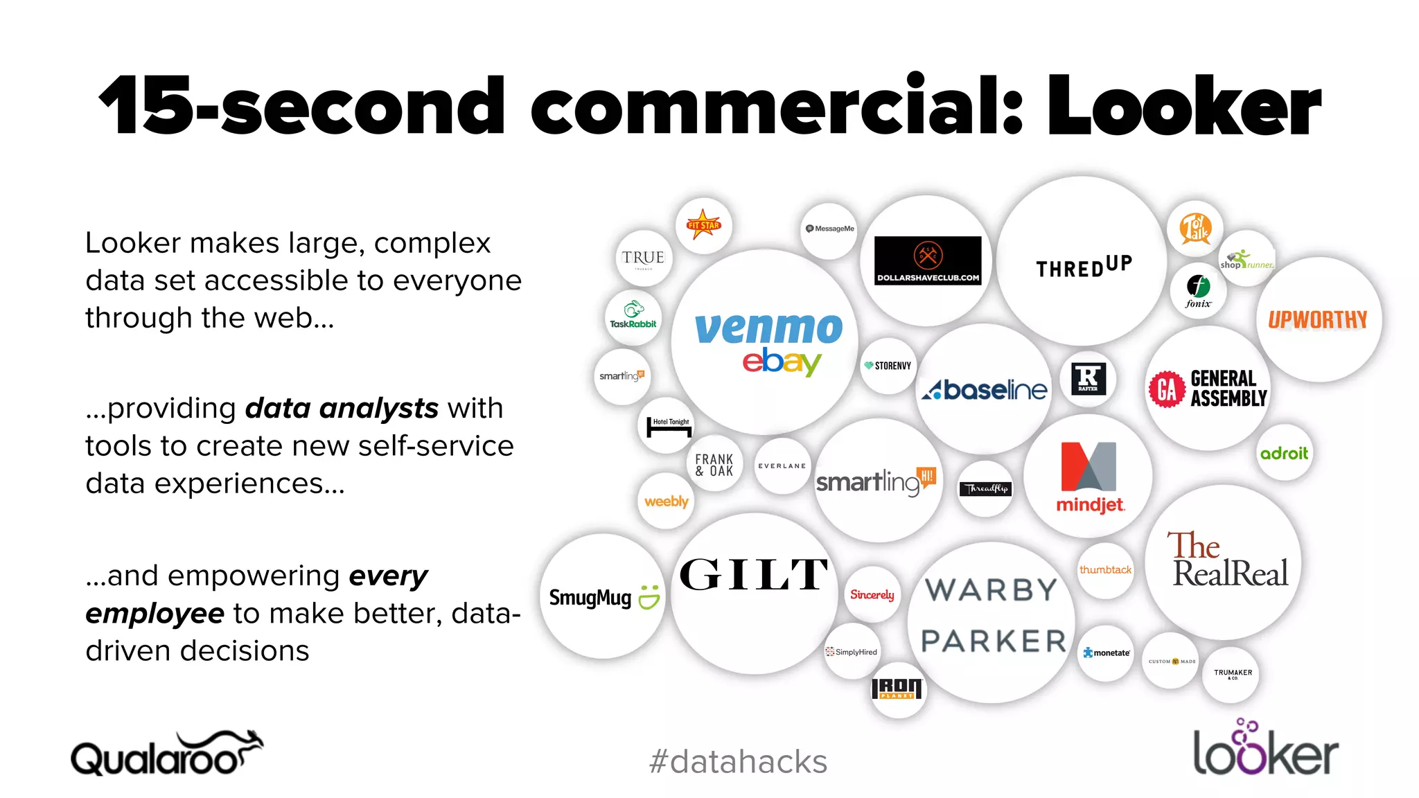 15-second commercial: Looker 
#datahacks 
Looker makes large, complex 
data set accessible to everyone 
through the web… 
…providing data analysts with 
tools to create new self-service 
data experiences… 
…and empowering every 
employee to make better, data-driven 
decisions 
 