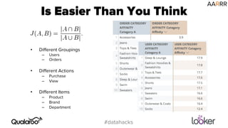 Is Easier Than You Think AARRR 
#datahacks 
• Different Groupings 
– Users 
– Orders 
• Different Actions 
– Purchase 
– View 
• Different Items 
– Product 
– Brand 
– Department 
 