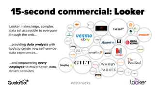 15-second commercial: Looker 
#datahacks 
Looker makes large, complex 
data set accessible to everyone 
through the web… 
…providing data analysts with 
tools to create new self-service 
data experiences… 
…and empowering every 
employee to make better, data-driven 
decisions 
 