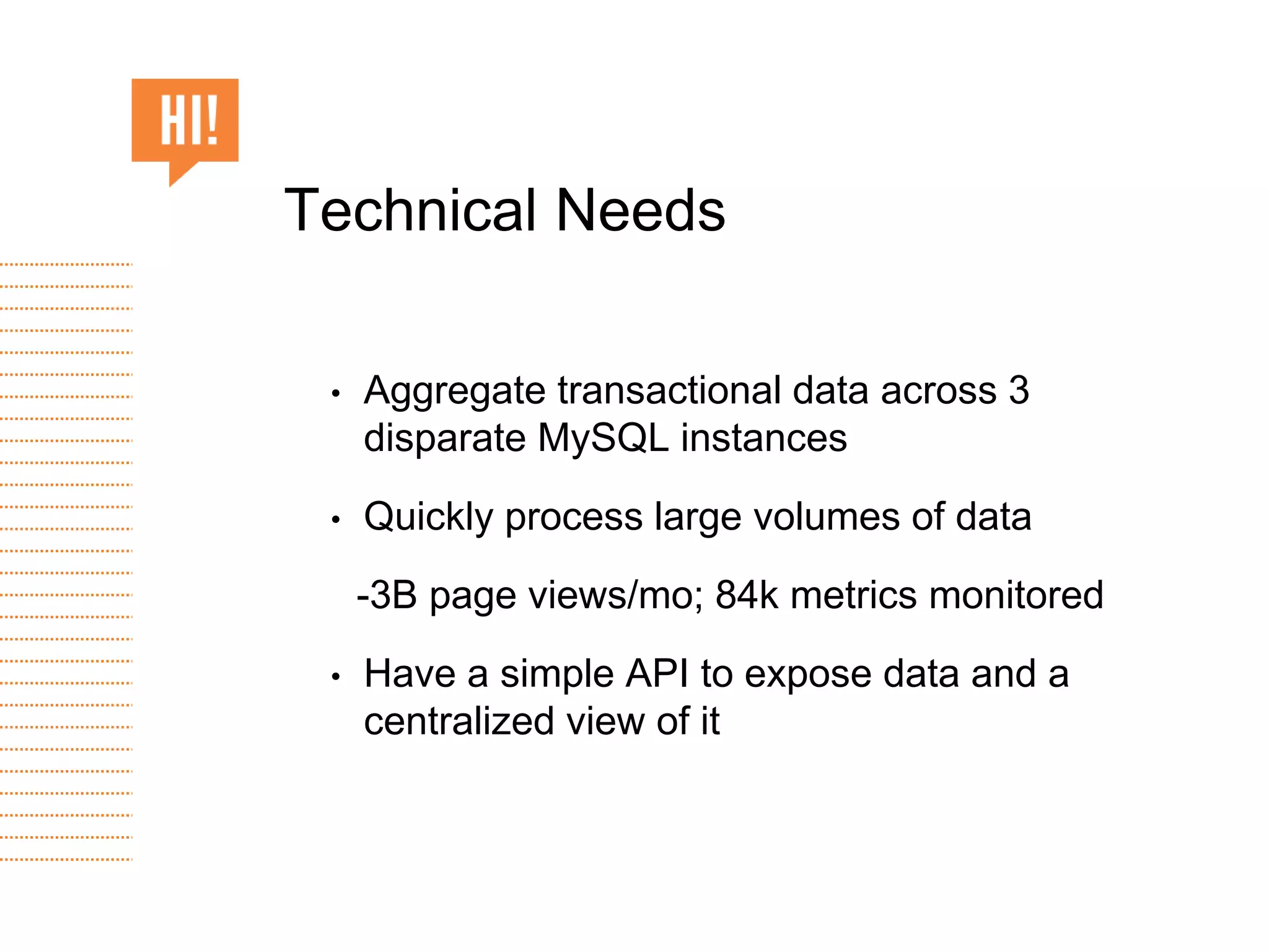 • Aggregate transactional data across 3
disparate MySQL instances
• Quickly process large volumes of data
-3B page views/mo; 84k metrics monitored
• Have a simple API to expose data and a
centralized view of it
Technical Needs
 