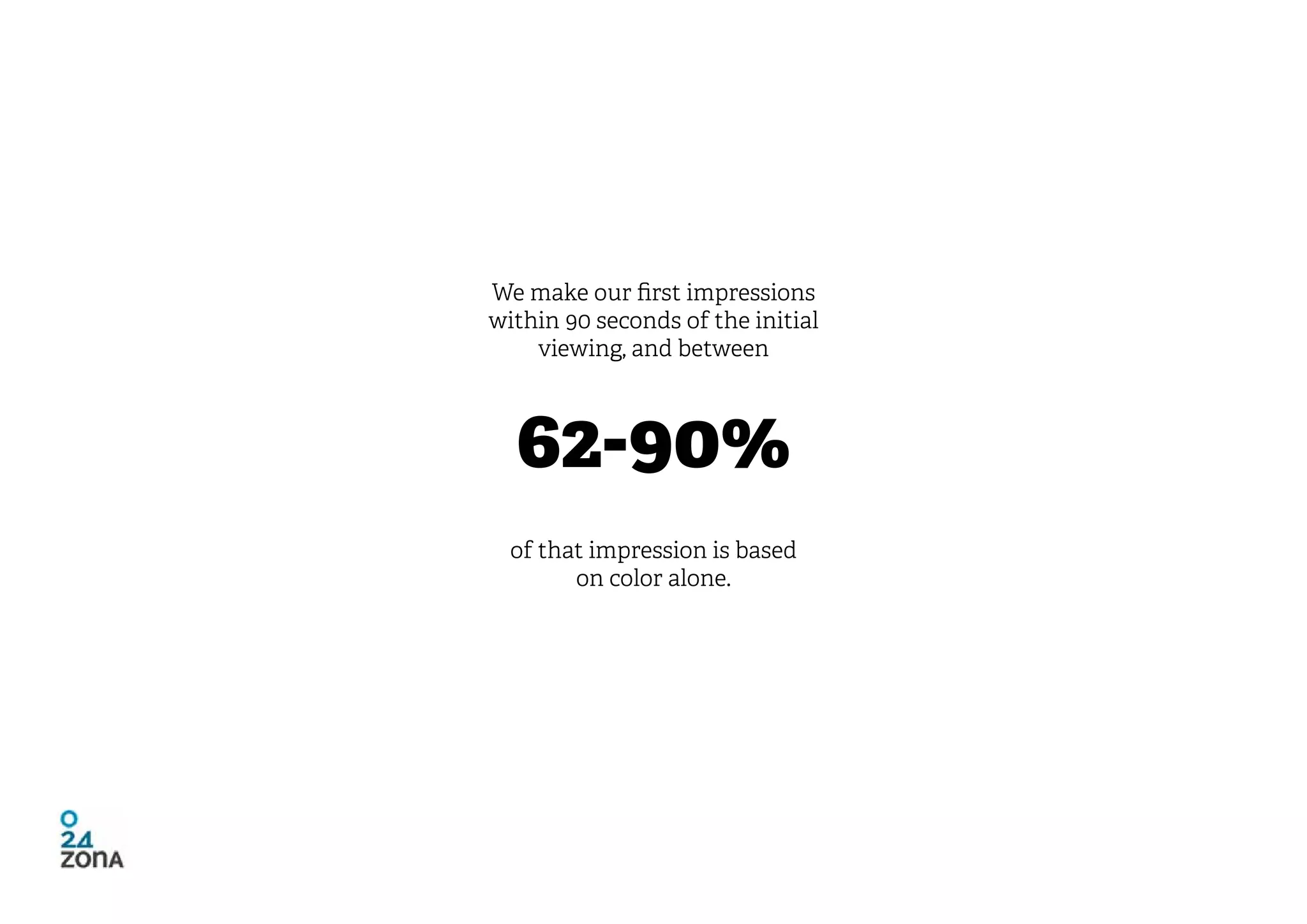 We make our first impressions
within 90 seconds of the initial
    viewing, and between



  62-90%
  of that impression is based
        on color alone.
 