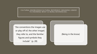 CULTURAL KNOWLEDGE/CULTURAL REFERENCE (MEANING LINKED
TO KNOWING WHAT IS BEING REFERENCED):
“the conventions the images use
or play off of, the other images
they refer to, and the familiar
figures and symbols they
include” (p. 28)
(Being in the know)
 