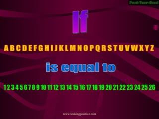If A B C D E F G H I J K L M N O P Q R S T U V W X Y Z is equal to 1 2 3 4 5 6 7 8 9 10 11 12 13 14 15 16 17 18 19 20 21 22 23 24 25 26