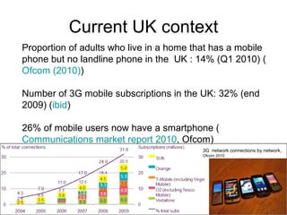Current UK context Proportion of adults who live in a home that has a mobile phone but no landline phone in the  UK : 14% (Q1 2010) ( Ofcom  (2010) ) Number of 3G mobile subscriptions in the UK: 32% (end 2009) ( ibid ) 26% of mobile users now have a smartphone ( Communications market report 2010 , Ofcom) 3G  network connections by network,  Ofcom 2010 