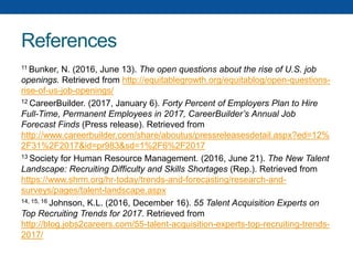 References
11 Bunker, N. (2016, June 13). The open questions about the rise of U.S. job
openings. Retrieved from http://equitablegrowth.org/equitablog/open-questions-
rise-of-us-job-openings/
12 CareerBuilder. (2017, January 6). Forty Percent of Employers Plan to Hire
Full-Time, Permanent Employees in 2017, CareerBuilder’s Annual Job
Forecast Finds (Press release). Retrieved from
http://www.careerbuilder.com/share/aboutus/pressreleasesdetail.aspx?ed=12%
2F31%2F2017&id=pr983&sd=1%2F6%2F2017
13 Society for Human Resource Management. (2016, June 21). The New Talent
Landscape: Recruiting Difficulty and Skills Shortages (Rep.). Retrieved from
https://www.shrm.org/hr-today/trends-and-forecasting/research-and-
surveys/pages/talent-landscape.aspx
14, 15, 16 Johnson, K.L. (2016, December 16). 55 Talent Acquisition Experts on
Top Recruiting Trends for 2017. Retrieved from
http://blog.jobs2careers.com/55-talent-acquisition-experts-top-recruiting-trends-
2017/
 