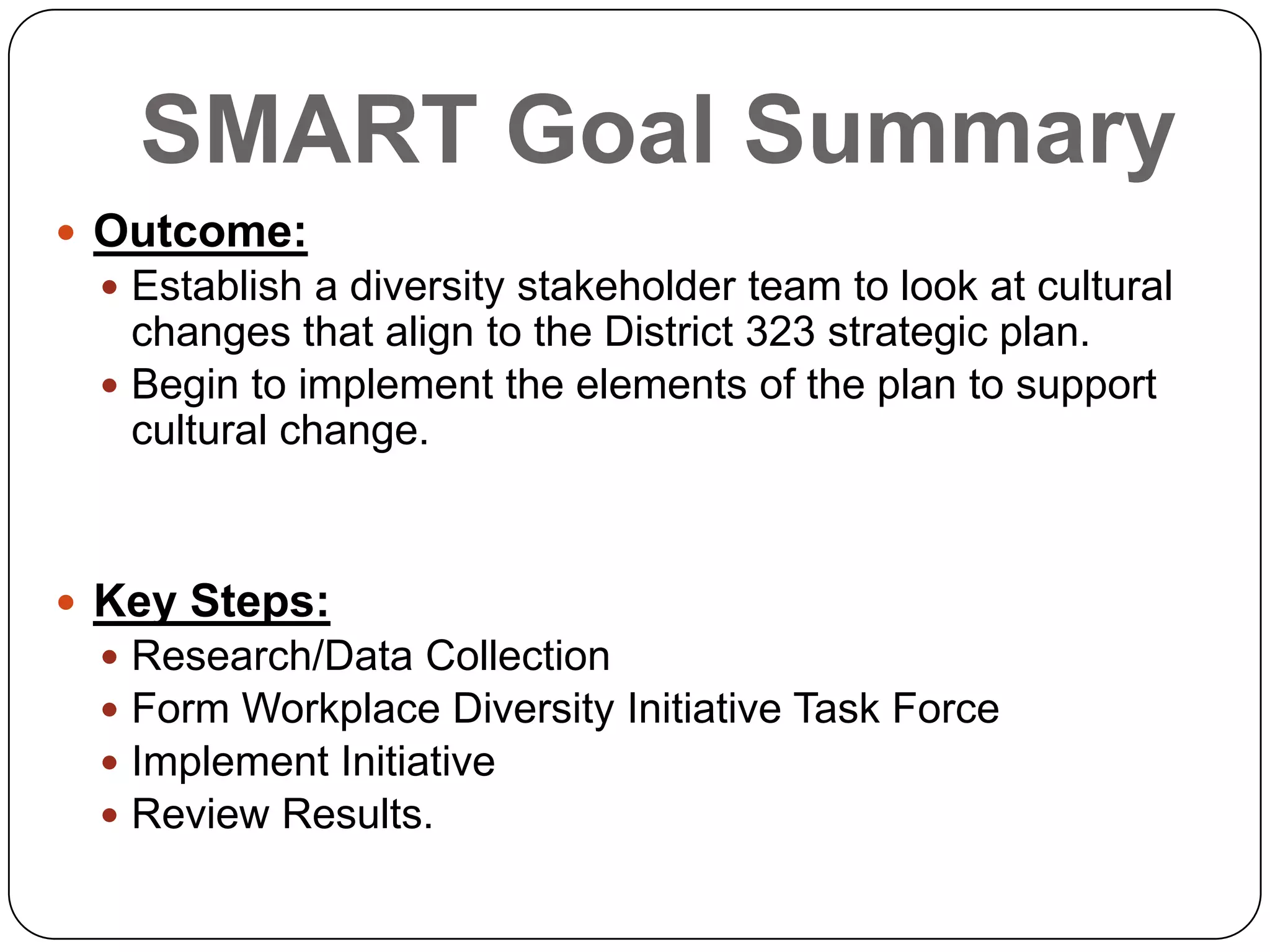 SMART Goal Summary
 Outcome:
 Establish a diversity stakeholder team to look at cultural
changes that align to the District 323 strategic plan.
 Begin to implement the elements of the plan to support
cultural change.
 Key Steps:
 Research/Data Collection
 Form Workplace Diversity Initiative Task Force
 Implement Initiative
 Review Results.
 