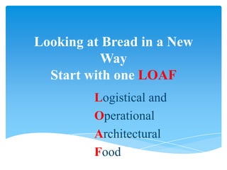 Looking at Bread in a New
          Way
  Start with one LOAF
         Logistical and
         Operational
         Architectural
         Food
 