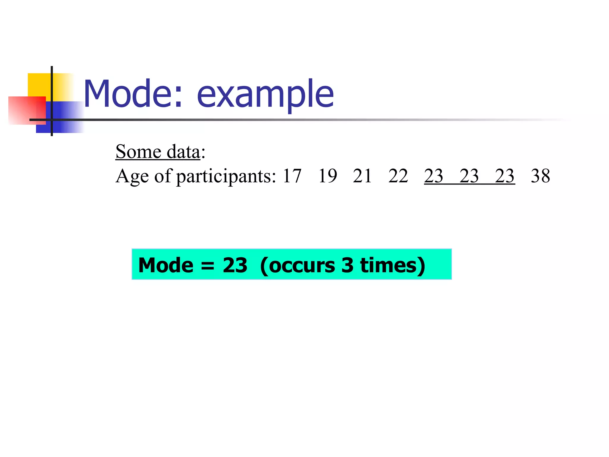Mode: example Some data :  Age of participants: 17  19  21  22  23  23  23   38 Mode = 23  (occurs 3 times) 