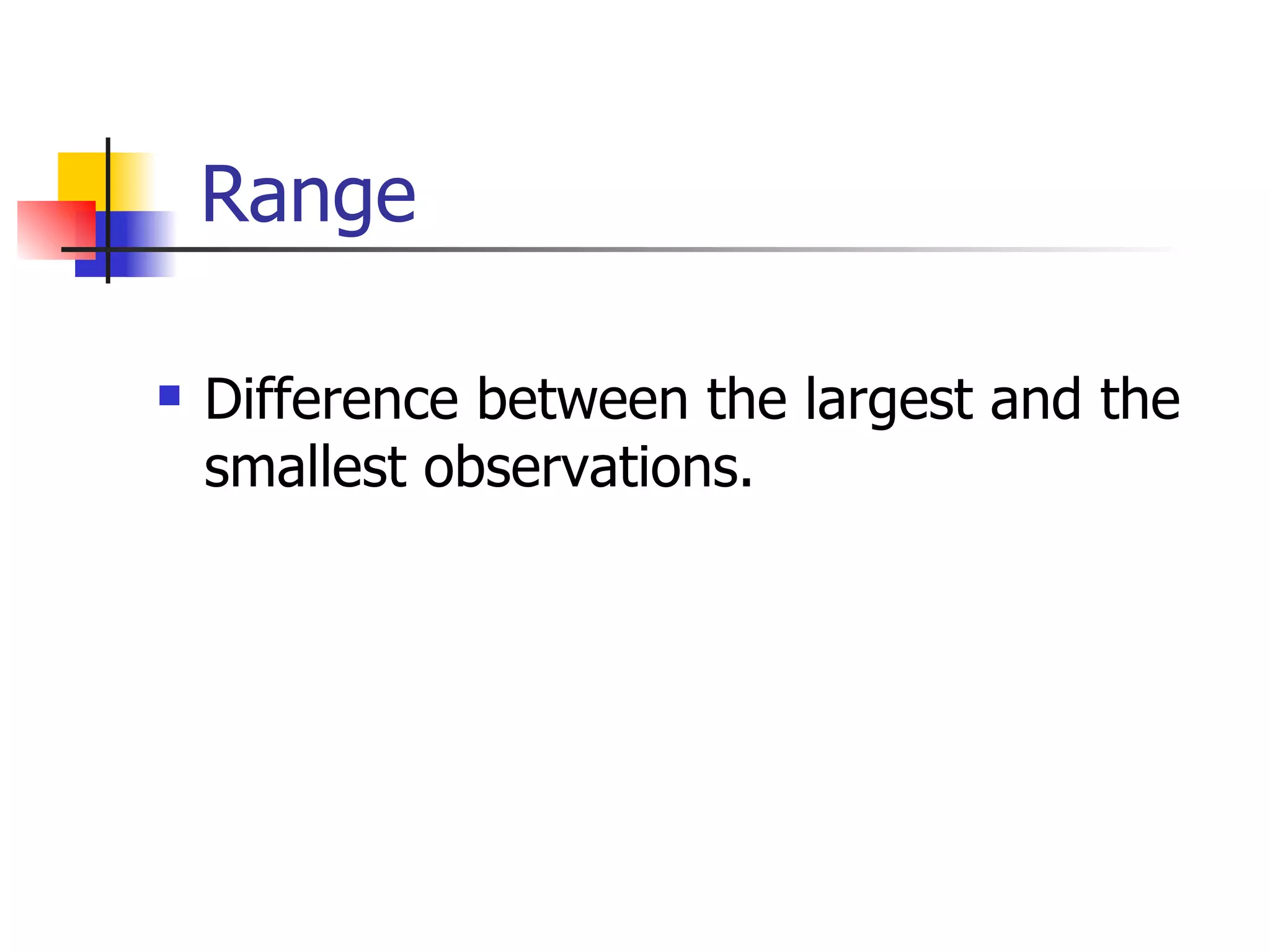 Range Difference between the largest and the smallest observations. 