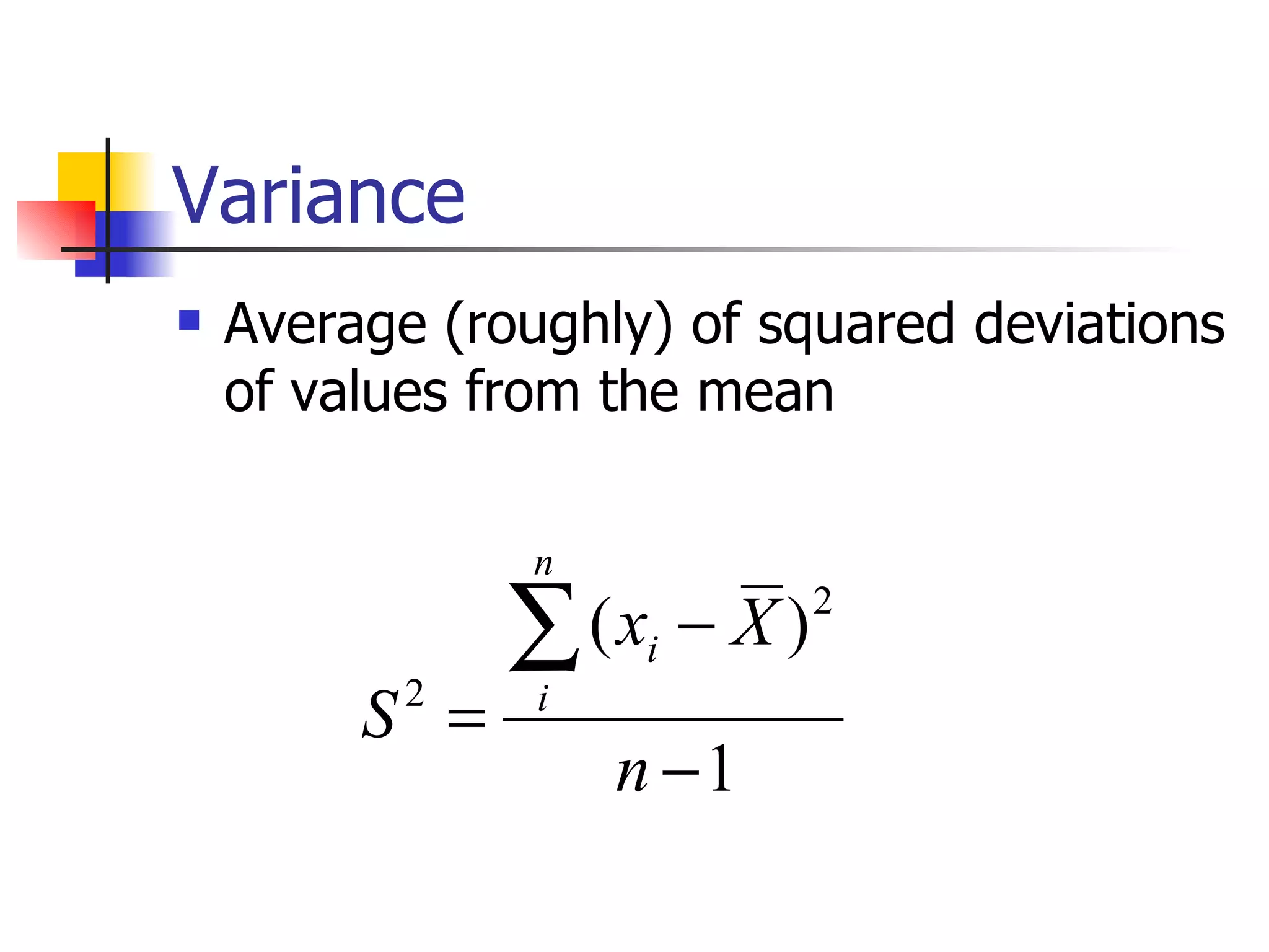 Average (roughly) of squared deviations of values from the mean Variance 