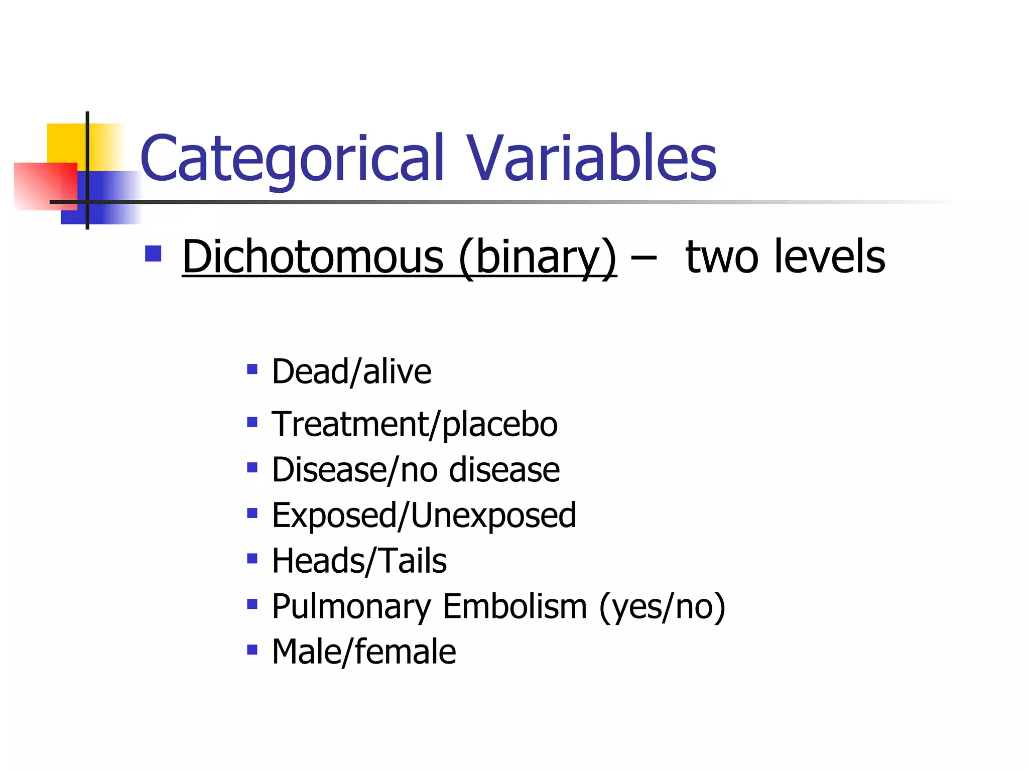 Categorical Variables Dichotomous (binary)  –  two levels Dead/alive Treatment/placebo Disease/no disease Exposed/Unexposed Heads/Tails Pulmonary Embolism (yes/no) Male/female 
