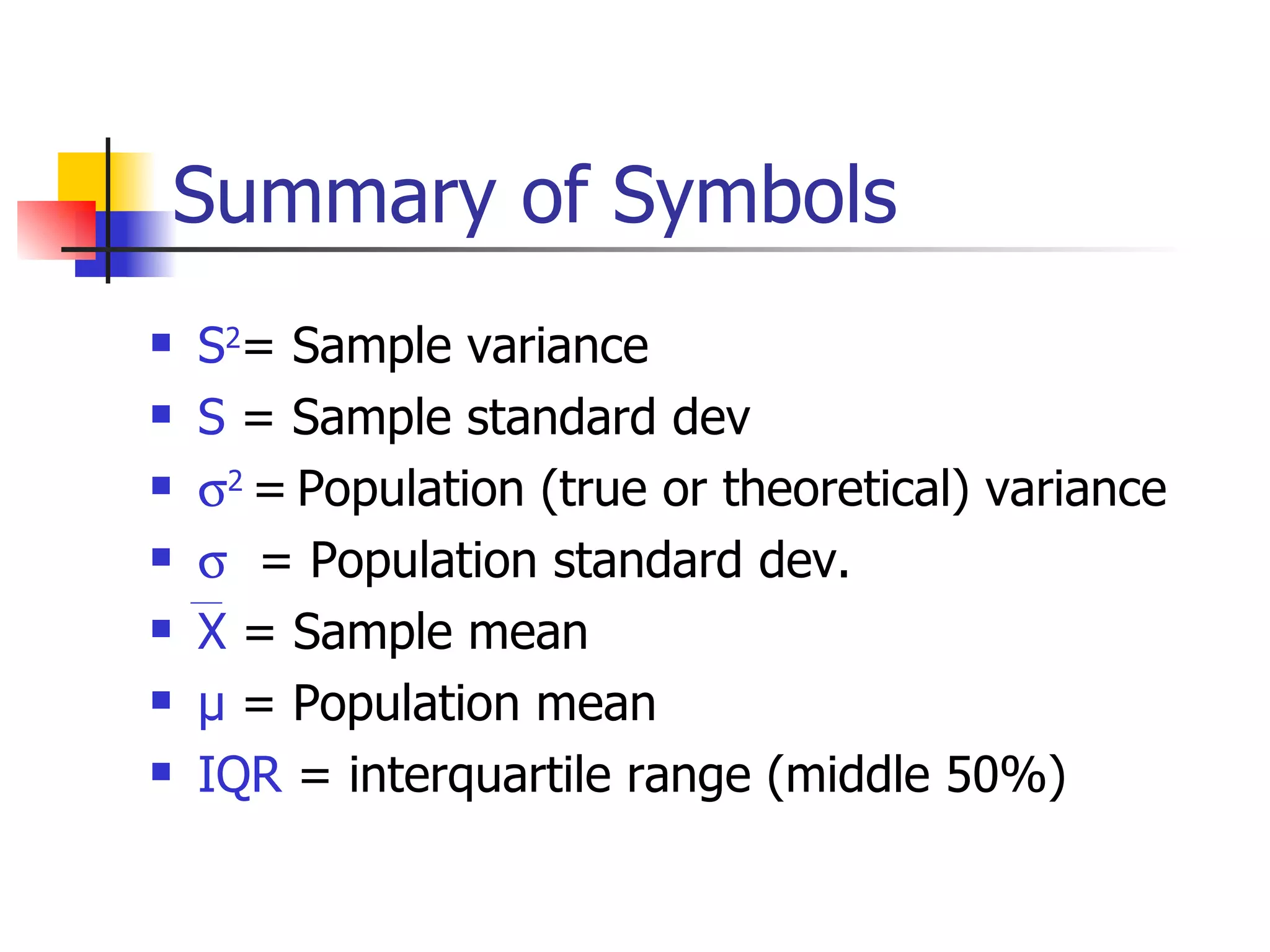 Summary of Symbols S 2 = Sample variance S  = Sample standard dev  2   =   Population  (true or theoretical)  variance    = Population standard dev. X  = Sample mean µ  = Population mean IQR  = interquartile range (middle 50%) 