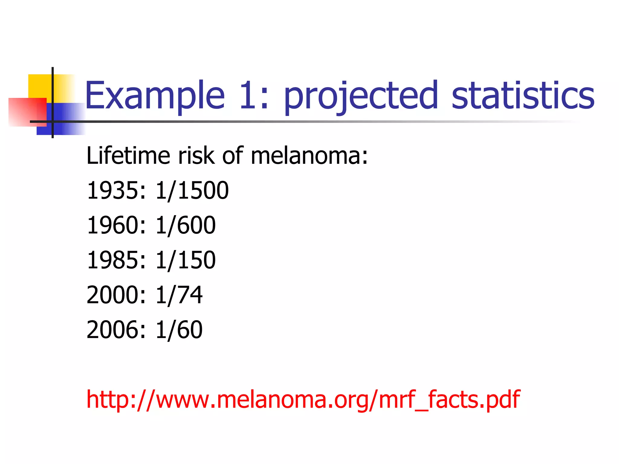 Example 1: projected statistics Lifetime risk of melanoma:  1935: 1/1500 1960: 1/600 1985: 1/150 2000: 1/74 2006: 1/60 http://www.melanoma.org/mrf_facts.pdf 