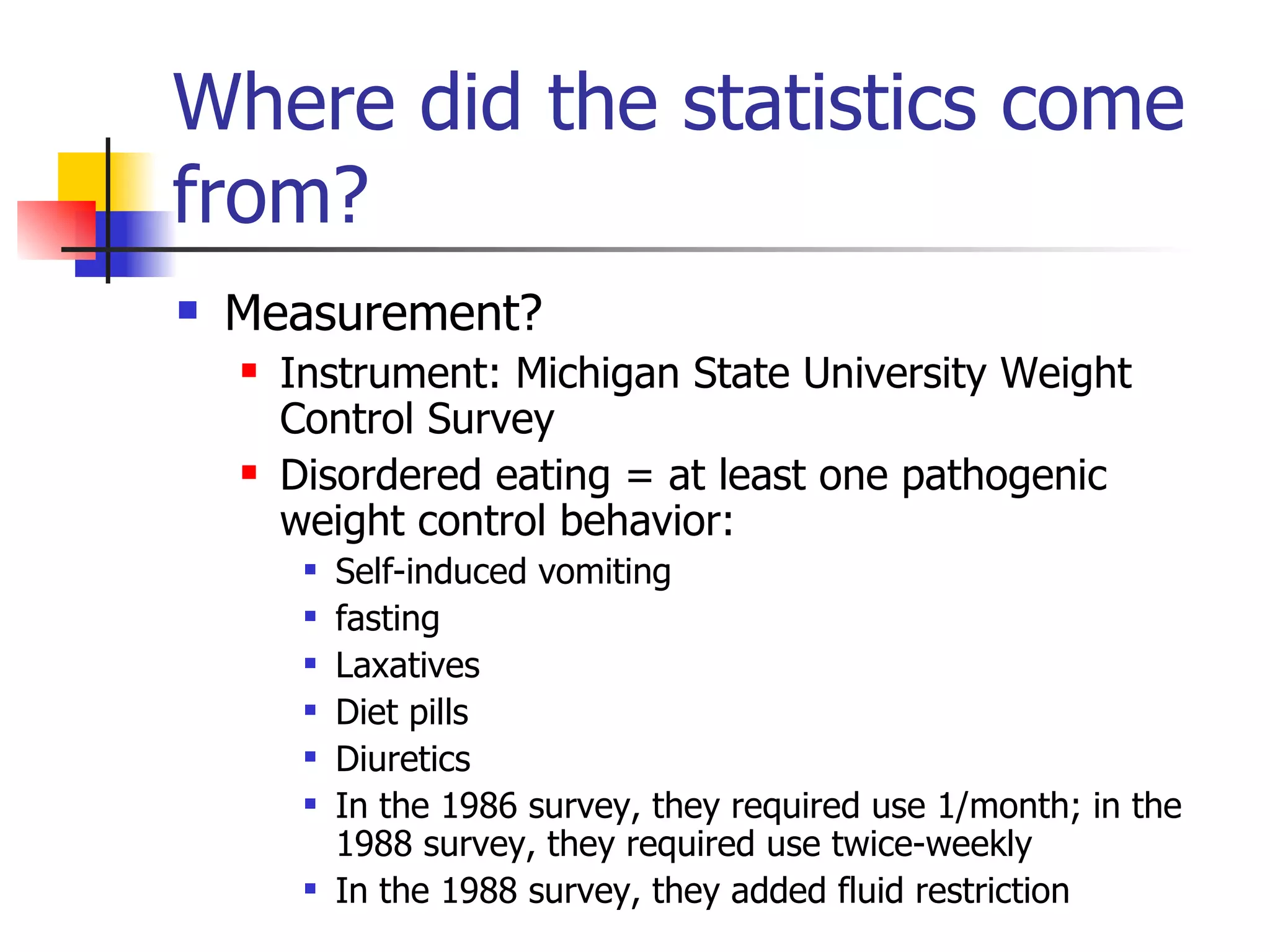 Where did the statistics come from? Measurement? Instrument: Michigan State University Weight Control Survey Disordered eating = at least one pathogenic weight control behavior: Self-induced vomiting fasting Laxatives Diet pills Diuretics In the 1986 survey, they required use 1/month; in the 1988 survey, they required use twice-weekly In the 1988 survey, they added fluid restriction 