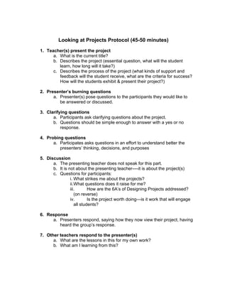 Looking at Projects Protocol (45-50 minutes)
1. Teacher(s) present the project
a. What is the current title?
b. Describes the project (essential question, what will the student
learn, how long will it take?)
c. Describes the process of the project (what kinds of support and
feedback will the student receive, what are the criteria for success?
How will the students exhibit & present their project?)
2. Presenter’s burning questions
a. Presenter(s) pose questions to the participants they would like to
be answered or discussed.
3. Clarifying questions
a. Participants ask clarifying questions about the project.
b. Questions should be simple enough to answer with a yes or no
response.
4. Probing questions
a. Participates asks questions in an effort to understand better the
presenters’ thinking, decisions, and purposes
5. Discussion
a. The presenting teacher does not speak for this part.
b. It is not about the presenting teacher----it is about the project(s)
c. Questions for participants:
i. What strikes me about the projects?
ii.What questions does it raise for me?
iii.
How are the 6A’s of Designing Projects addressed?
(on reverse)
iv.
Is the project worth doing—is it work that will engage
all students?
6. Response
a. Presenters respond, saying how they now view their project, having
heard the group’s response.
7. Other teachers respond to the presenter(s)
a. What are the lessons in this for my own work?
b. What am I learning from this?

 