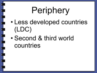 Periphery Less developed countries (LDC) Second & third world countries 