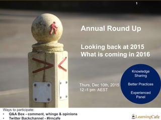 Annual Round Up
Looking back at 2015
What is coming in 2016
1
Thurs, Dec 10th, 2015
12 -1 pm AEST
Ways to participate:
• Q&A Box - comment, whinge & opinions
• Twitter Backchannel - #lrncafe
Knowledge
Sharing
Better Practices
Experienced
Panel
 