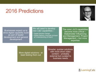 2016 Predictions
Businesses expect us to
drive digital capability build
as part of leader
development and general
development
We will need to develop
new L&D capabilities –
• Digital Solution Design
• Digital Delivery channels (at least
an understanding of them)
The core L & D capabilities
become more critical –
Stakeholder Influencing
and Management, Project
Management – but more
expertise
More digital solutions - at
least testing them out
Smarter, quicker solutions
with more short video
content – probably
external but curated to
business needs
 