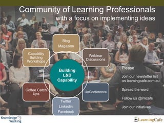 Blog
Magazine
Webinar
Discussions
UnConference
Twitter
Linkedin
Facebook
Coffee Catch
Ups
Capability
Building
Workshops
Community of Learning Professionals
with a focus on implementing ideas
Building
L&D
Capability
Please
Join our newsletter list
on learningcafe.com.au
Spread the word
Follow us @lrncafe
Join our initiatives
 