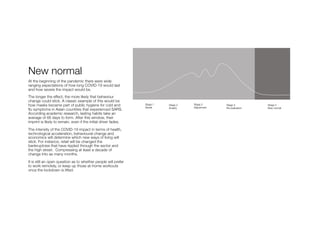 New normal
At the beginning of the pandemic there were wide
ranging expectations of how long COVID-19 would last
and how severe the impact would be.
The longer the effect, the more likely that behaviour
change could stick. A classic example of this would be
how masks became part of public hygiene for cold and
flu symptoms in Asian countries that experienced SARS.
According academic research, lasting habits take an
average of 66 days to form. After this window, their
imprint is likely to remain, even if the initial driver fades.
The intensity of the COVID-19 impact in terms of health,
technological acceleration, behavioural change and
economics will determine which new ways of living will
stick. For instance, retail will be changed the
bankruptcies that have rippled through the sector and
the high street. Compressing at least a decade of
change into as many months.
It is still an open question as to whether people will prefer
to work remotely, or keep up those at-home workouts
once the lockdown is lifted.
Stage 1
Denial
Stage 2
Anxiety
Stage 3
Adjustment
Stage 4
Re-evaluation
Stage 5
New normal
 