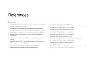 References
Data sources
• https://www.fastcompany.com/90477966/evolution-explains-why-were-falling-victim-to-fear-contagion-as-
covid-19-spreads
• https://www.canvas8.com/navigating-covid-19.html
• https://www.axios.com/coronavirus-social-media-b56326b6-ab16-4c8a-bc86-e29b06e5ab2b.html
• https://www.politico.com/news/2020/03/17/poll-americans-lack-trust-in-trump-on-coronavirus-information-
133576
• https://www.thetimes.co.uk/article/retailing-bounces-back-with-42-rise-in-homeware-sales-z2td278l7
• https://www.bloomberg.com/news/articles/2020-12-10/how-a-k-shaped-recovery-is-widening-u-s-
inequality-quicktake
• https://slate.com/technology/2020/03/nasa-hi-seas-space-travel-coronavirus-isolation.html
• https://www.kantar.com/Inspiration/Coronavirus/Measuring-the-impact-of-the-coronavirus-on-Chinas-
consumption
• https://www.euronews.com/2020/08/18/wuhan-goes-wild-thousands-attend-pool-party-in-former-covid-19-
epicentre
• https://www.ncbi.nlm.nih.gov/pmc/articles/PMC3505409/
• https://www.wsj.com/articles/for-the-retail-industry-2020-was-a-wild-ride-11608044400
• Wavemaker – Restart 2020, post-outbreak opportunities and implications for brands.
• https://voxeu.org/article/persistence-covid-induced-global-recession
• https://www.cnbc.com/2020/12/21/foundation-of-chinas-economic-recovery-not-yet-solid-leaders-say.html
• https://www.ft.com/content/28fbd0d1-c5be-4a8b-8c63-b14c746ee8bc
• https://www.ft.com/content/149e3547-0649-48be-bed8-47216de35315
• https://www.ft.com/content/f402d0e0-652e-11ea-a6cd-df28cc3c6a68
• https://www.ft.com/content/75476d15-051a-4e51-8e57-f15b1649cbf4
• https://www.ft.com/content/630f744a-148a-4955-b75f-e649d908f097
• https://traveltips.usatoday.com/history-airline-industry-100074.html
• https://www.bcg.com/en-us/publications/2017/aviation-operations-inside-airlines-struggle-balance-
profitability-performance.aspx
• https://www.ft.com/content/3180a1b3-ad68-4d7f-ac81-b762162bab98
• https://www.ft.com/content/1aca0802-8f9f-11ea-9b25-c36e3584cda8
• https://doi.org/10.1787/7969896b-en
• McKinsey & Company - COVID-19: Briefing Note Global Health & Crisis Response Updated: March 16, 2020
• https://www.ft.com/content/69c75de6-9c6b-4bca-b110-2a55296b0875
 