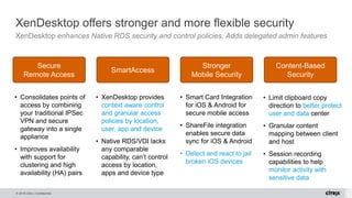 © 2016 Citrix | Confidential
XenDesktop offers stronger and more flexible security
XenDesktop enhances Native RDS security and control policies. Adds delegated admin features
• Consolidates points of
access by combining
your traditional IPSec
VPN and secure
gateway into a single
appliance
• Improves availability
with support for
clustering and high
availability (HA) pairs
• XenDesktop provides
context aware control
and granular access
policies by location,
user, app and device
• Native RDS/VDI lacks
any comparable
capability, can’t control
access by location,
apps and device type
• Smart Card Integration
for iOS & Android for
secure mobile access
• ShareFile integration
enables secure data
sync for iOS & Android
• Detect and react to jail
broken iOS devices
• Limit clipboard copy
direction to better protect
user and data center
• Granular content
mapping between client
and host
• Session recording
capabilities to help
monitor activity with
sensitive data
Content-Based
Security
Stronger
Mobile Security
SmartAccess
Secure
Remote Access
 