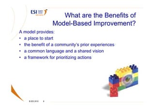 What are the Benefits of
                     Model-Based Improvement?
A model provides:
• a place to start
• the benefit of a community’s prior experiences
• a common language and a shared vision
• a framework for prioritizing actions




    © ESI 2010   9
 