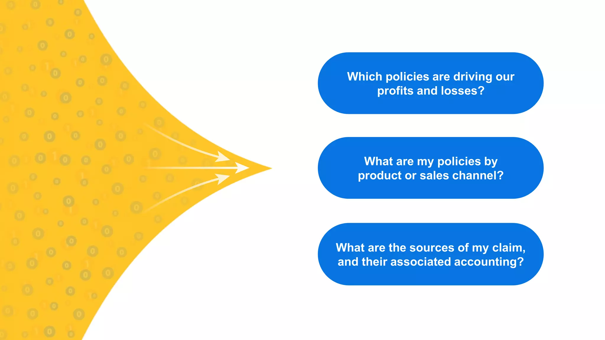 What are the sources of my claim,
and their associated accounting?
What are my policies by
product or sales channel?
Which policies are driving our
profits and losses?
 
