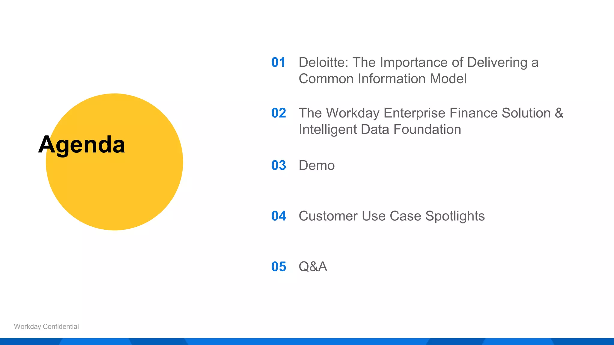 Agenda
Workday Confidential
01 Deloitte: The Importance of Delivering a
Common Information Model
02 The Workday Enterprise Finance Solution &
Intelligent Data Foundation
03 Demo
04 Customer Use Case Spotlights
05 Q&A
 