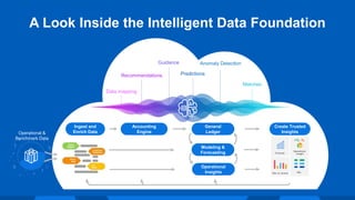 +% -%
Operational
Insight
P&L
Plan vs. Actual
Forecast
A Look Inside the Intelligent Data Foundation
Operational &
Benchmark Data
Accounting
Engine
Create Trusted
Insights
Ingest and
Enrich Data
P&L
General
Ledger
Operational
Insights
+% -%
Operational
Insight
Data mapping
Anomaly Detection
Recommendations
Matches
Predictions
Guidance
Plan vs. Actual
Modeling &
Forecasting Forecast
 