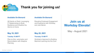 Thank you for joining us!
Workday Confidential
Available On-Demand
All Hands on Deck: Leveraging
IT Relationships to Build
Resilience and Weather the
Storms to Come
Available On-Demand
Elevating Employee Engagement
and Experience with Workday
and Josh Bersin
May 18, 2021
Tuesday 10 AM PT
Plan-to-Hire: automation and
Reconciliation with Adaptive
Planning
May 20, 2021
Thursday 10 AM PT
Workday’s Approach to Building
Machine Learning into the Core
Join us at
Workday Elevate!
May - August 2021
 