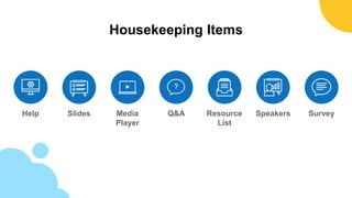 Help Slides Media
Player
Resource
List
Q&A
Housekeeping Items
Speakers Survey
Housekeeping Items
 