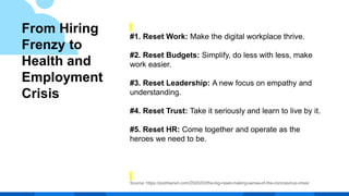 From Hiring
Frenzy to
Health and
Employment
Crisis
#1. Reset Work: Make the digital workplace thrive.
#2. Reset Budgets: Simplify, do less with less, make
work easier.
#3. Reset Leadership: A new focus on empathy and
understanding.
#4. Reset Trust: Take it seriously and learn to live by it.
#5. Reset HR: Come together and operate as the
heroes we need to be.
Source: https://joshbersin.com/2020/03/the-big-reset-making-sense-of-the-coronavirus-crisis/
 