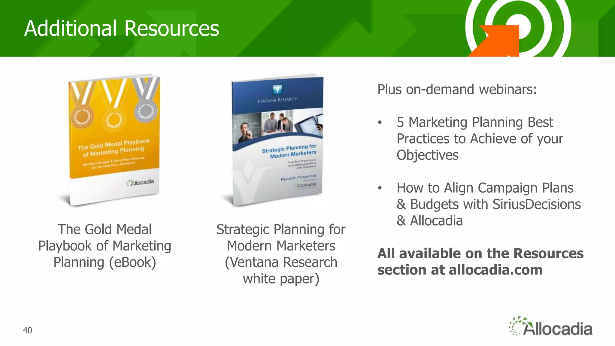 404040
Additional Resources
The Gold Medal
Playbook of Marketing
Planning (eBook)
Strategic Planning for
Modern Marketers
(Ventana Research
white paper)
Plus on-demand webinars:
• 5 Marketing Planning Best
Practices to Achieve of your
Objectives
• How to Align Campaign Plans
& Budgets with SiriusDecisions
& Allocadia
All available on the Resources
section at allocadia.com
 