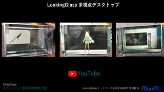 LookingGlass 多視点デスクトップ
SlideShare
１ディスプレイ複数視点映像の未来 にて公開 LookingGlassミートアップwith北海道VR 登壇資料
YouTube
 