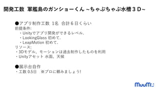 開発工数 軍艦島のガンショーくん ~ちゃぷちゃぷ水槽３Ｄ~
●アプリ制作工数 1名 合計６日くらい
前提条件:
・Unityでアプリ開発ができるレベル.
・LookingGlass 初めて.
・LeapMotion 初めて.
リソース:
・3Dモデル、モーションは過去制作したものを利用
・Unityアセット 水面、天候
●展示台自作
・工数 0.5日 ※プロに頼みましょう!
 