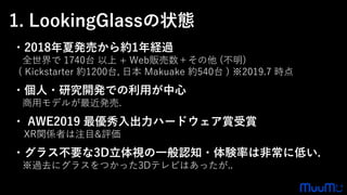 1. LookingGlassの状態
・2018年夏発売から約1年経過
全世界で 1740台 以上 + Web販売数＋その他 (不明)
( Kickstarter 約1200台, 日本 Makuake 約540台 ) ※2019.7 時点
・個人・研究開発での利用が中心
商用モデルが最近発売.
・ AWE2019 最優秀入出力ハードウェア賞受賞
XR関係者は注目&評価
・グラス不要な3D立体視の一般認知・体験率は非常に低い.
※過去にグラスをつかった3Dテレビはあったが..
 