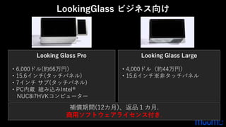 Looking Glass Pro
・6,000ドル(約66万円）
・15.6インチ(タッチパネル)
・7インチ サブ(タッチパネル)
・PC内蔵 組み込みIntel®️
NUC8i7HVKコンピューター
LookingGlass ビジネス向け
Looking Glass Large
・4,000ドル（約44万円）
・15.6インチ※非タッチパネル
補償期間(12カ月)、返品１カ月.
商用ソフトウェアライセンス付き.
 