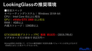 ■推奨スペック
オペレーティングシステム： Windows 10 64-bit
CPU： Intel Core i5以上に相当
GPU： nVidia GTX 1060 以上相当
RAM： 4GB以上
内蔵ストレージ： 128GB以上
GTX1060搭載デスクトップPC 実売 約10万~ (2019.7時点)
ビデオカードだけ単体で 約2万円～
※UnitySDK1,10β版にて、ピクセル補完描画で 約30％改善パフォーマンスが向上するので
将来的にはもっと低スペックでよいかも.
LookingGlassの推奨環境
 