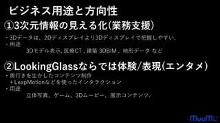 ①3次元情報の見える化(業務支援)
・3Dデータは、2Dディスプレイより3Dディスプレイで把握しやすい.
・用途
3Dモデル表示, 医療CT , 建築 3DBIM , 地形データ など
②LookingGlassならでは体験/表現(エンタメ)
・奥行きを生かしたコンテンツ制作
＋LeapMotionなどを使ったインタラクション
・用途
立体写真、ゲーム、3Dムービー、展示コンテンツ.
ビジネス用途と方向性
 