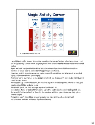 Iwould like to offer you an alternative model to the one we’ve just talked about that I call the Magic Safety Corner which is synonymous with the inside the cheese model mentioned earlier 
Again we have two people that know about a potential problem that has caused an incident or could lead to an incident happening in the future. 
However,on this occasion were not trying to punish something for what went wrong but trying to praise them for speaking up. 
This time we’ve put names to the people involved, but this doesn’t have to be individuals it could be two teams 
If Bill speaks up and Fred doesn’t, Bill receives a pat on the back (5 Pts) where as Fred gets no attention (0 Pts) and visa versa 
If the both speak up, they both get a pat on the back 5 pts 
Even better, if one or both of them come up with a viable solution they both get 10 pts. 
Better still if either or both of them fix the solution within a given timescale they gain a further 15 pts. 
The points aren’t linked to a reward as such, but have an impact on the annual performance reviews, so have a significant bearing. 
30 
 