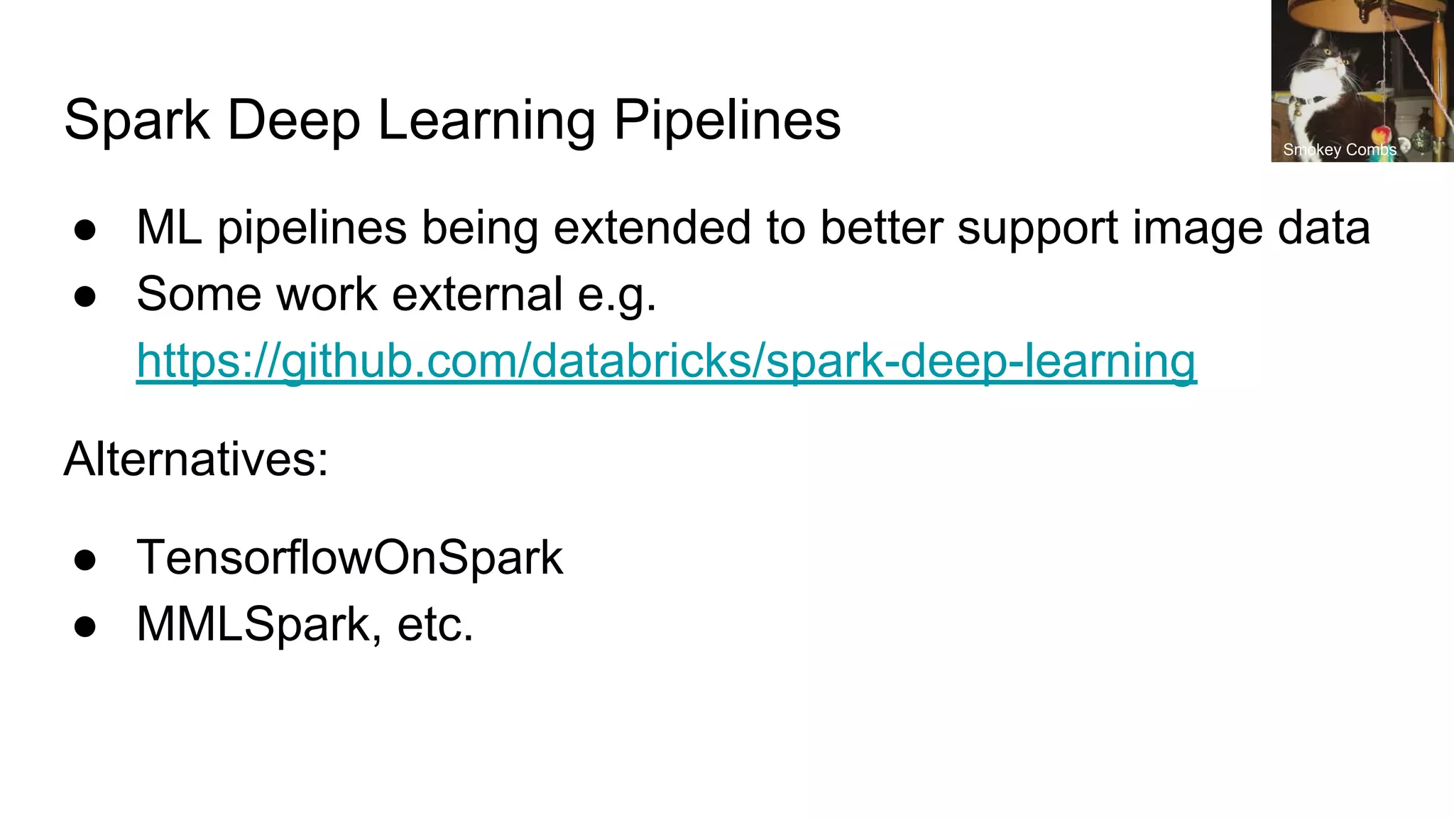 Spark Deep Learning Pipelines
● ML pipelines being extended to better support image data
● Some work external e.g.
https://github.com/databricks/spark-deep-learning
Alternatives:
● TensorflowOnSpark
● MMLSpark, etc.
Smokey Combs
 