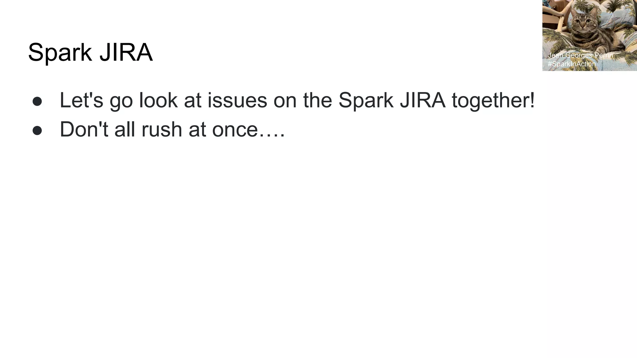 Spark JIRA
● Let's go look at issues on the Spark JIRA together!
● Don't all rush at once….
Jean Georges Perrin
#SparkInAction
 