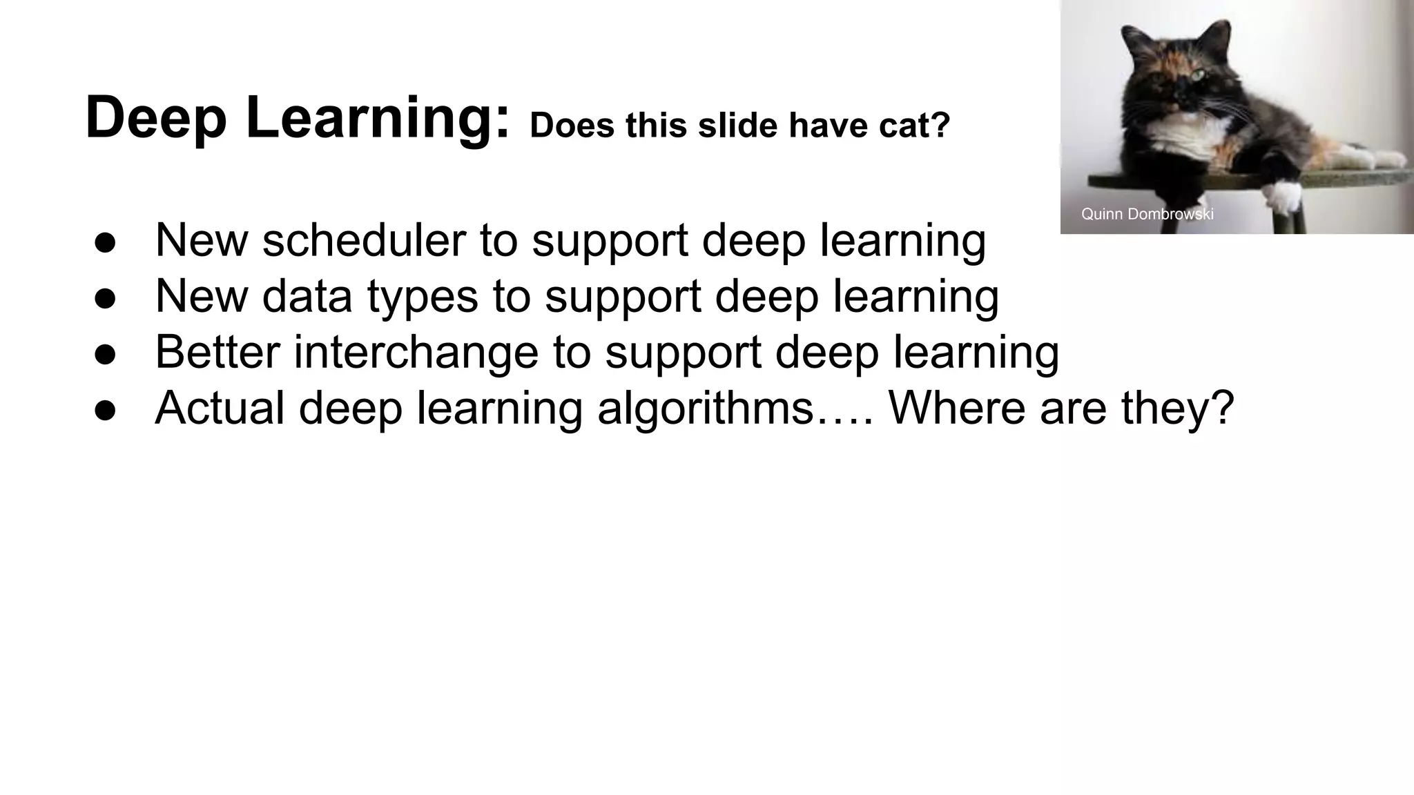 Deep Learning: Does this slide have cat?
● New scheduler to support deep learning
● New data types to support deep learning
● Better interchange to support deep learning
● Actual deep learning algorithms…. Where are they?
Quinn Dombrowski
 