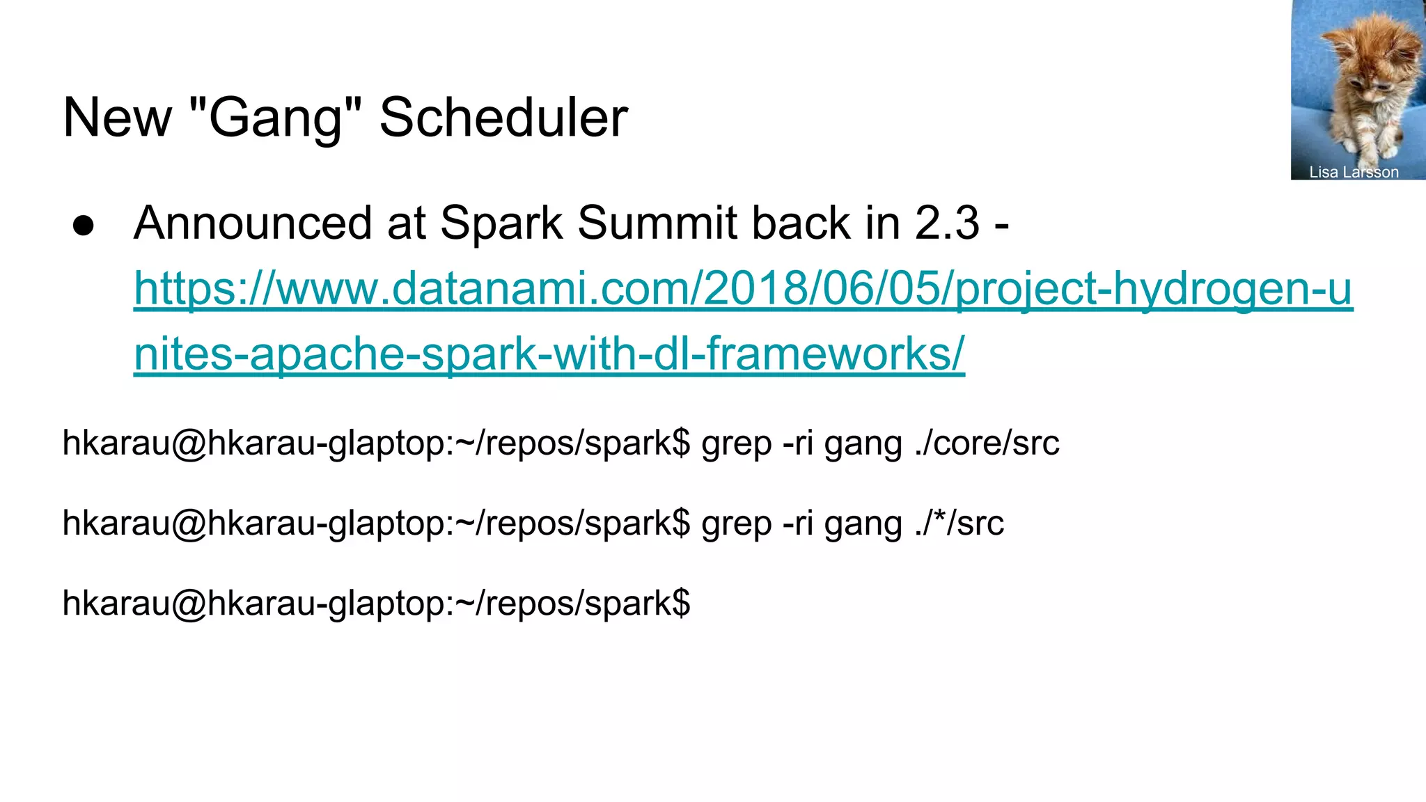 New "Gang" Scheduler
● Announced at Spark Summit back in 2.3 -
https://www.datanami.com/2018/06/05/project-hydrogen-u
nites-apache-spark-with-dl-frameworks/
hkarau@hkarau-glaptop:~/repos/spark$ grep -ri gang ./core/src
hkarau@hkarau-glaptop:~/repos/spark$ grep -ri gang ./*/src
hkarau@hkarau-glaptop:~/repos/spark$
Lisa Larsson
 