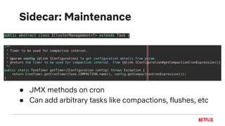Sidecar: Maintenance
● JMX methods on cron
● Can add arbitrary tasks like compactions, flushes, etc
 