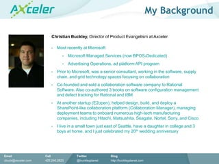 My BackgroundChristian Buckley, Director of Product Evangelism at AxcelerMost recently at Microsoft