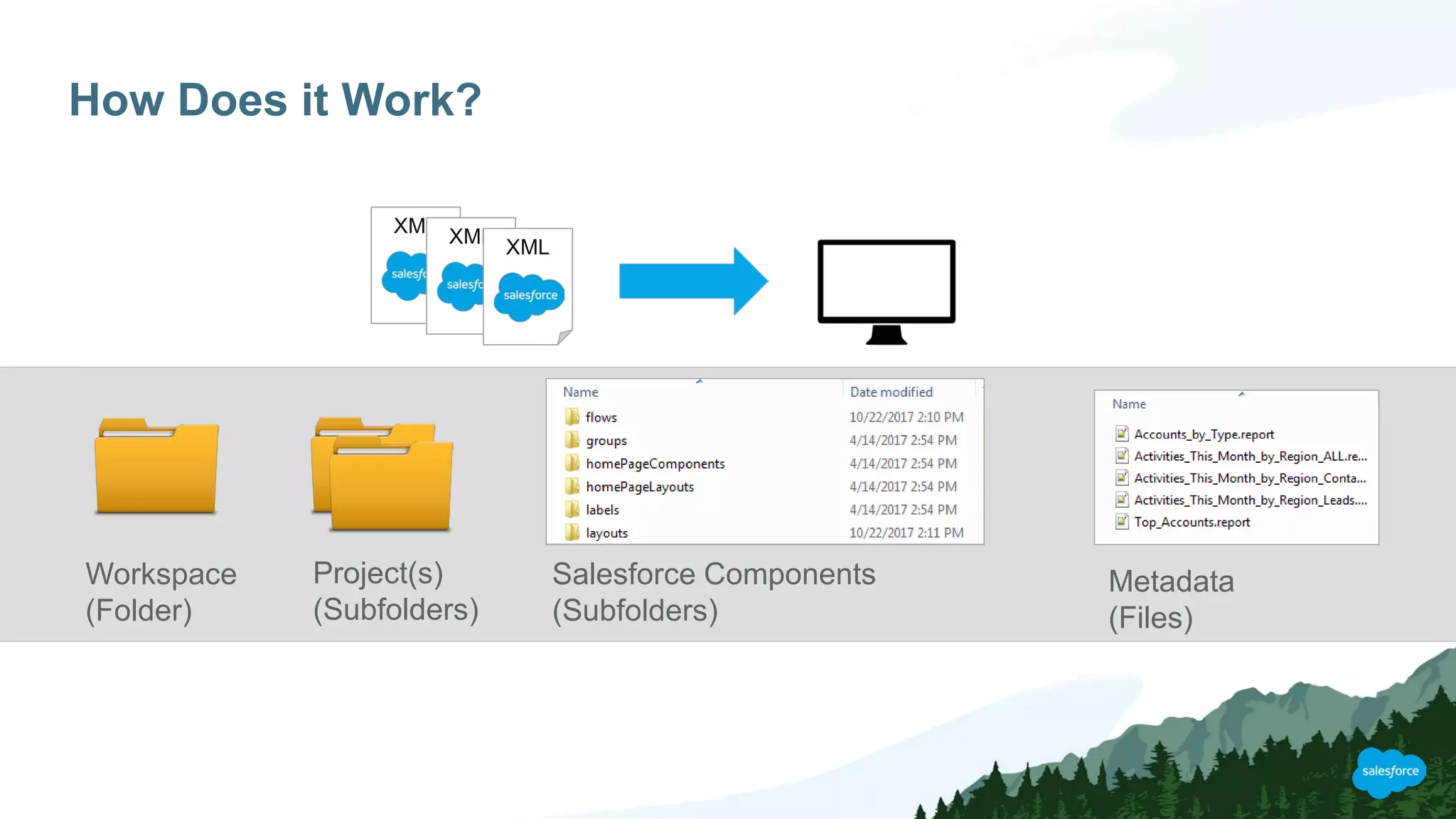 How Does it Work?
XML XML
XML
Workspace
(Folder)
Project(s)
(Subfolders)
Salesforce Components
(Subfolders)
Metadata
(Files)
 