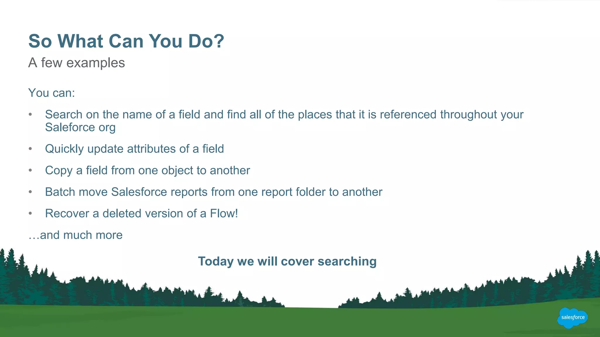 So What Can You Do?
You can:
• Search on the name of a field and find all of the places that it is referenced throughout your
Saleforce org
• Quickly update attributes of a field
• Copy a field from one object to another
• Batch move Salesforce reports from one report folder to another
• Recover a deleted version of a Flow!
…and much more
A few examples
Today we will cover searching
 