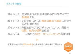 ポイントの整理 
ポイント１: 参加学生は成長意欲溢れる多彩なタイプの 
ポイント2：その中からさらに貴社の観点で厳選した学生 
ポイント4： 一人当たり30分、マンツーマンで面談可能 
13 
のみを指名可能 
ポイント3：弊社独自のブランディングにより、貴社の 
性質、魅力の理解を促進 
+ 
超優秀人材 
指名されなかった学生24名分の連絡先もご共有させて頂きます 
 